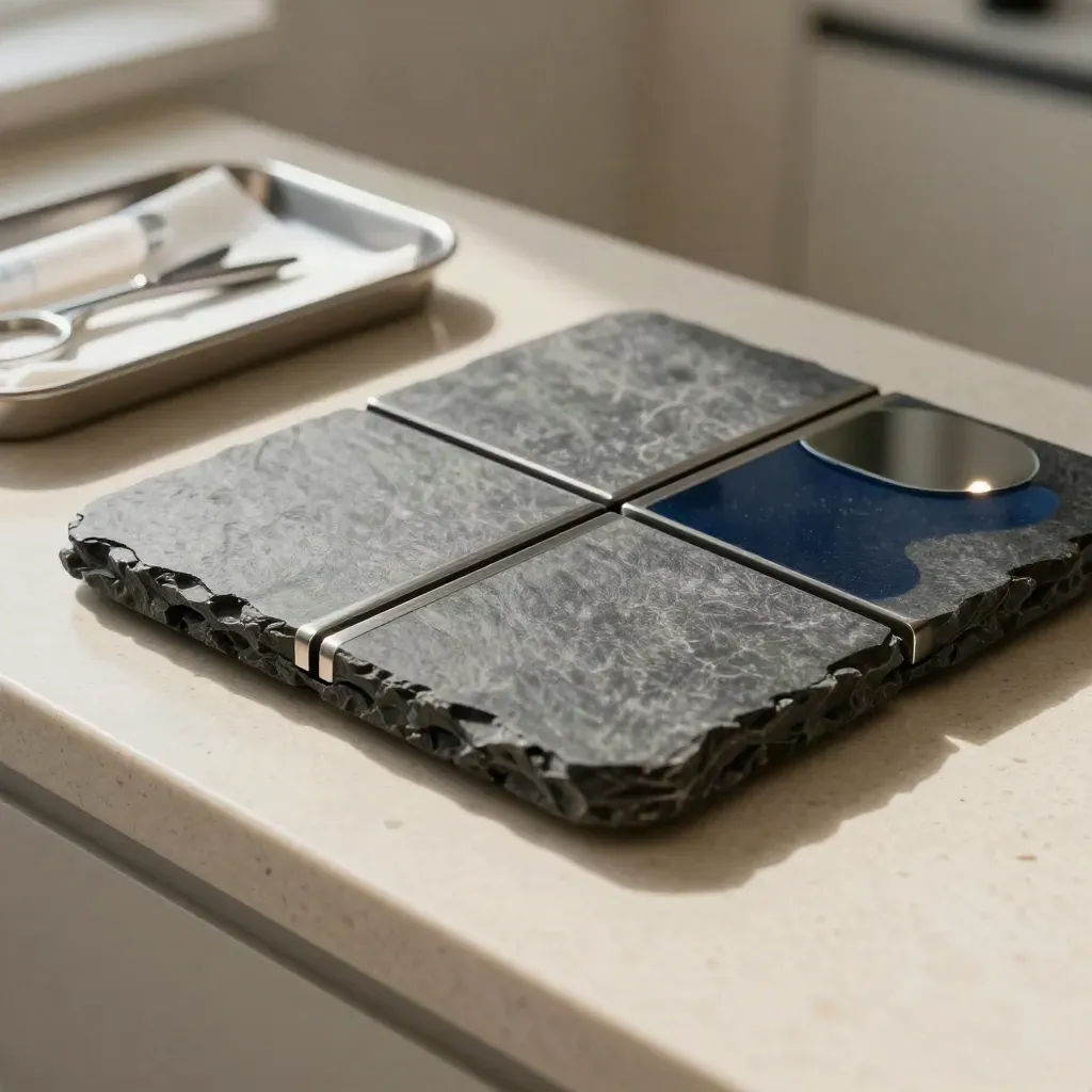 Top-down van donkere steen, metalen lijnen, spiegelrand en steriele tray in een warme kliniekkamer.