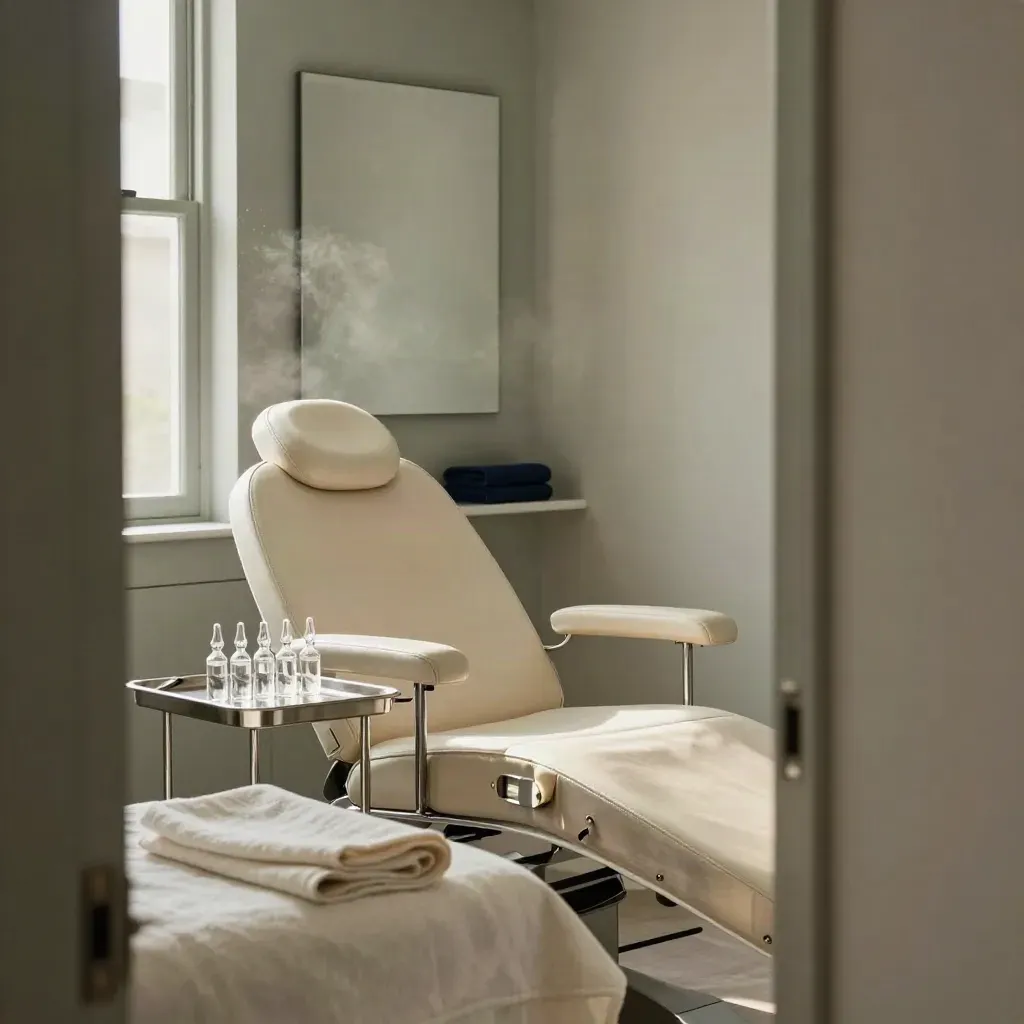 Luxe behandelkamer met stoel, instrumententray en ampullen in zacht ochtendlicht.