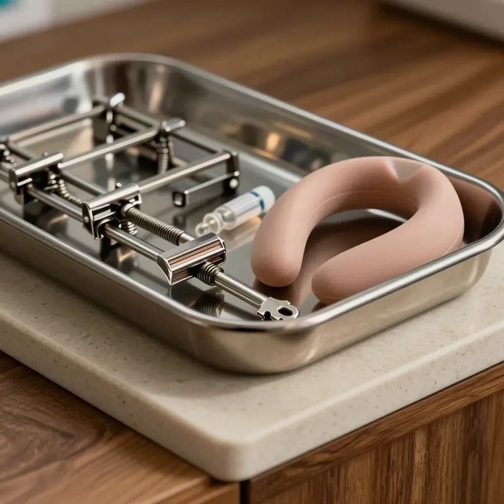Medische stalen tray met ampulrekken, steriele onderdelen en een blushroze neksteun in dramatisch licht.