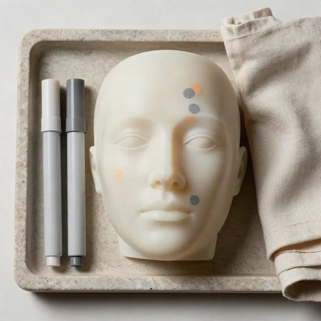 Transparant anatomisch gezichtmodel met markeringen, markers en linnen doek op stenen tray