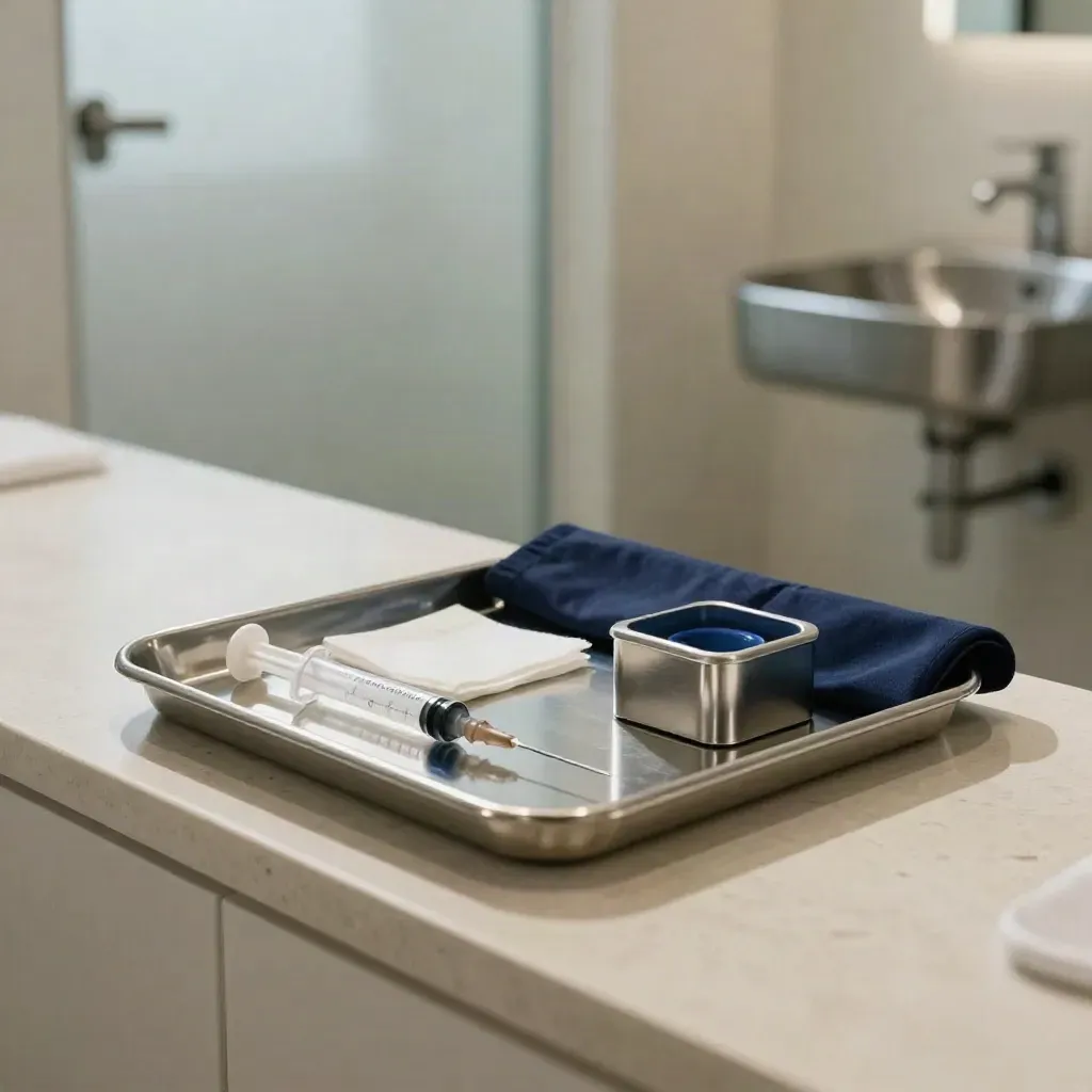 Steriele tray met spuit, gaasjes en ampulhouder in een rustige behandelruimte.