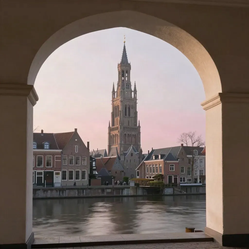 De Domtoren en Utrechtse daken in avondgloed, gezien door een hoge boog met rustige singel.